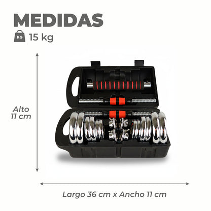 Set De Mancuernas 15 kg Acero Cromadas Barra y Maletín