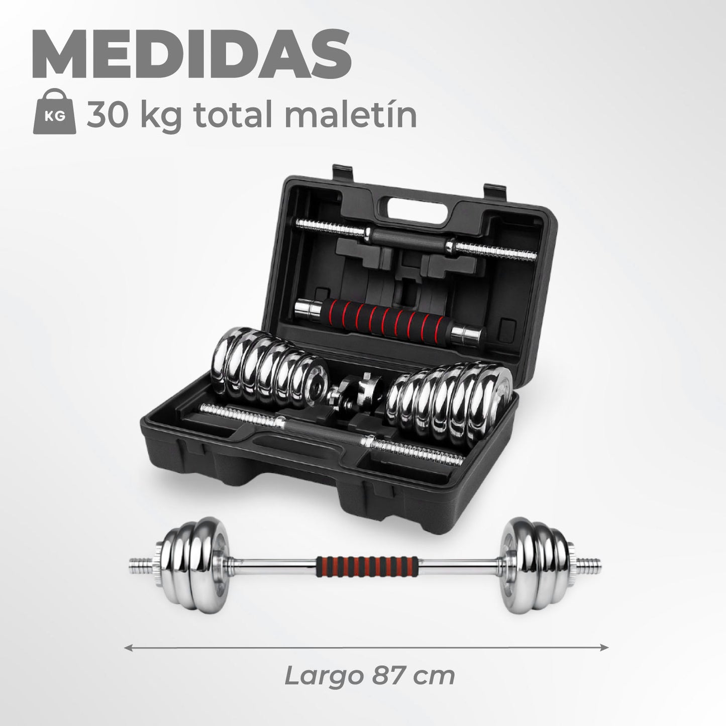 Set De Mancuernas 30 kg Acero Cromadas Barra y Maletín