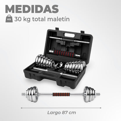 Set De Mancuernas 30 kg Acero Cromadas Barra y Maletín