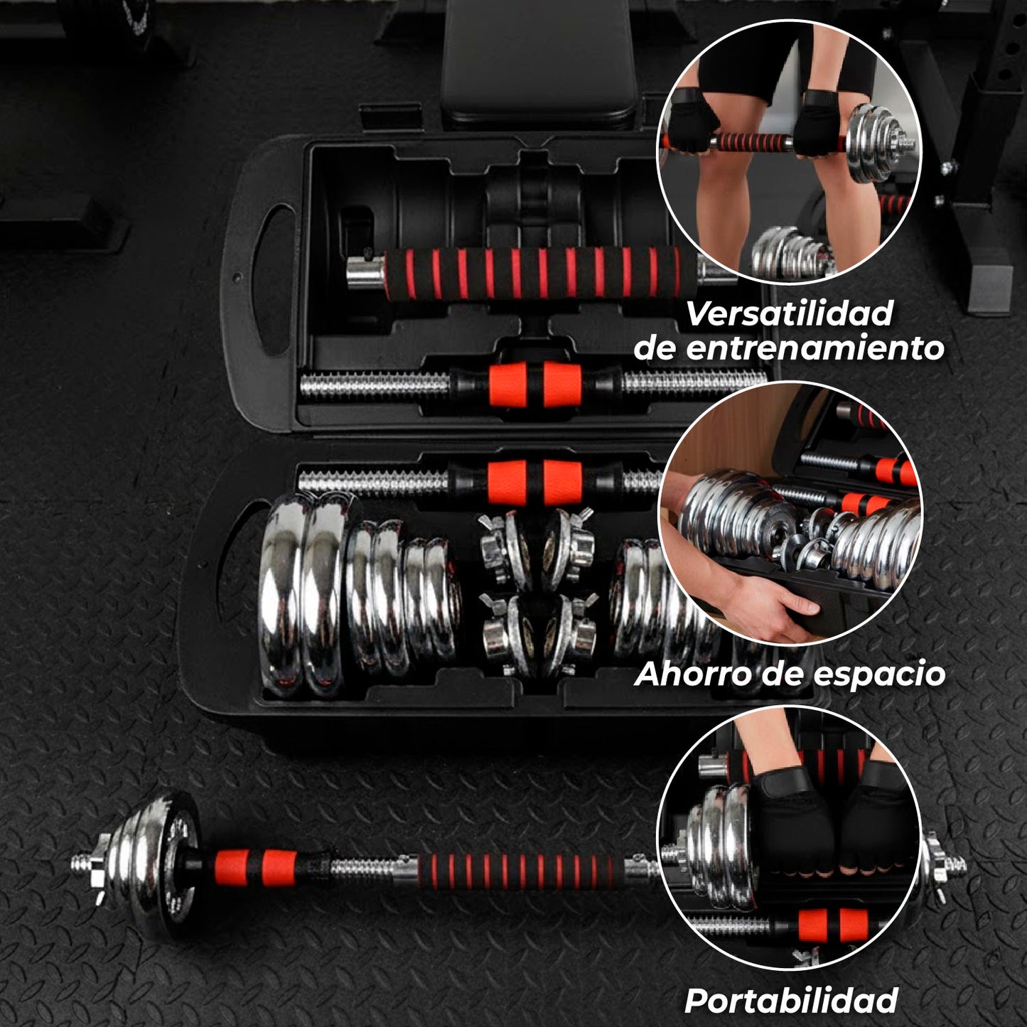 Set De Mancuernas 15 kg Acero Cromadas Barra y Maletín