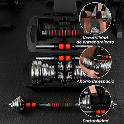 Set De Mancuernas 15 kg Acero Cromadas Barra y Maletín