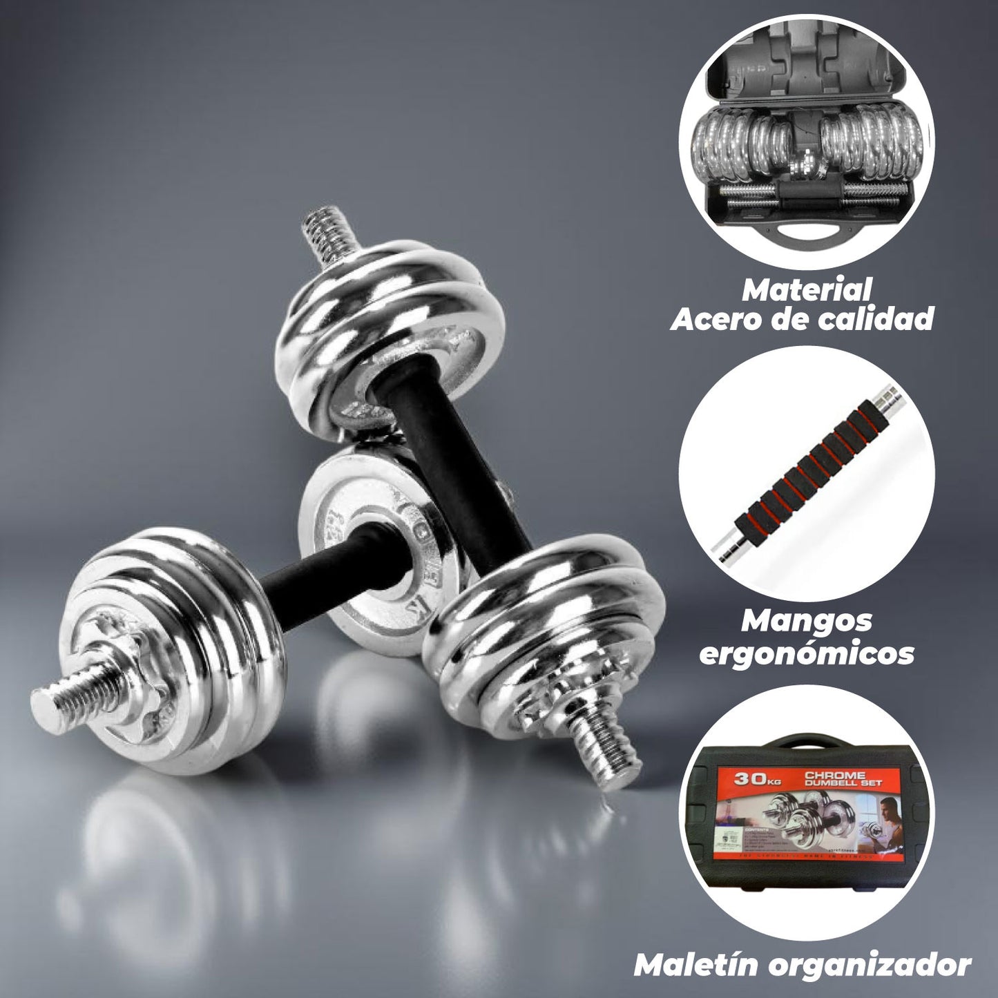 Set De Mancuernas 30 kg Acero Cromadas Barra y Maletín